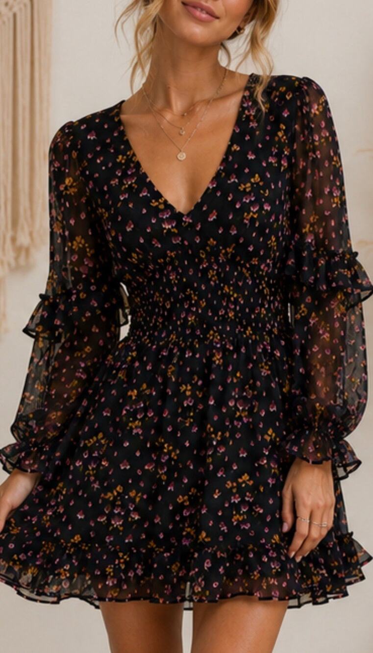 Hill House Home The Nap Dress XS Black Floral Smocked Mini Dress Long Sleeve